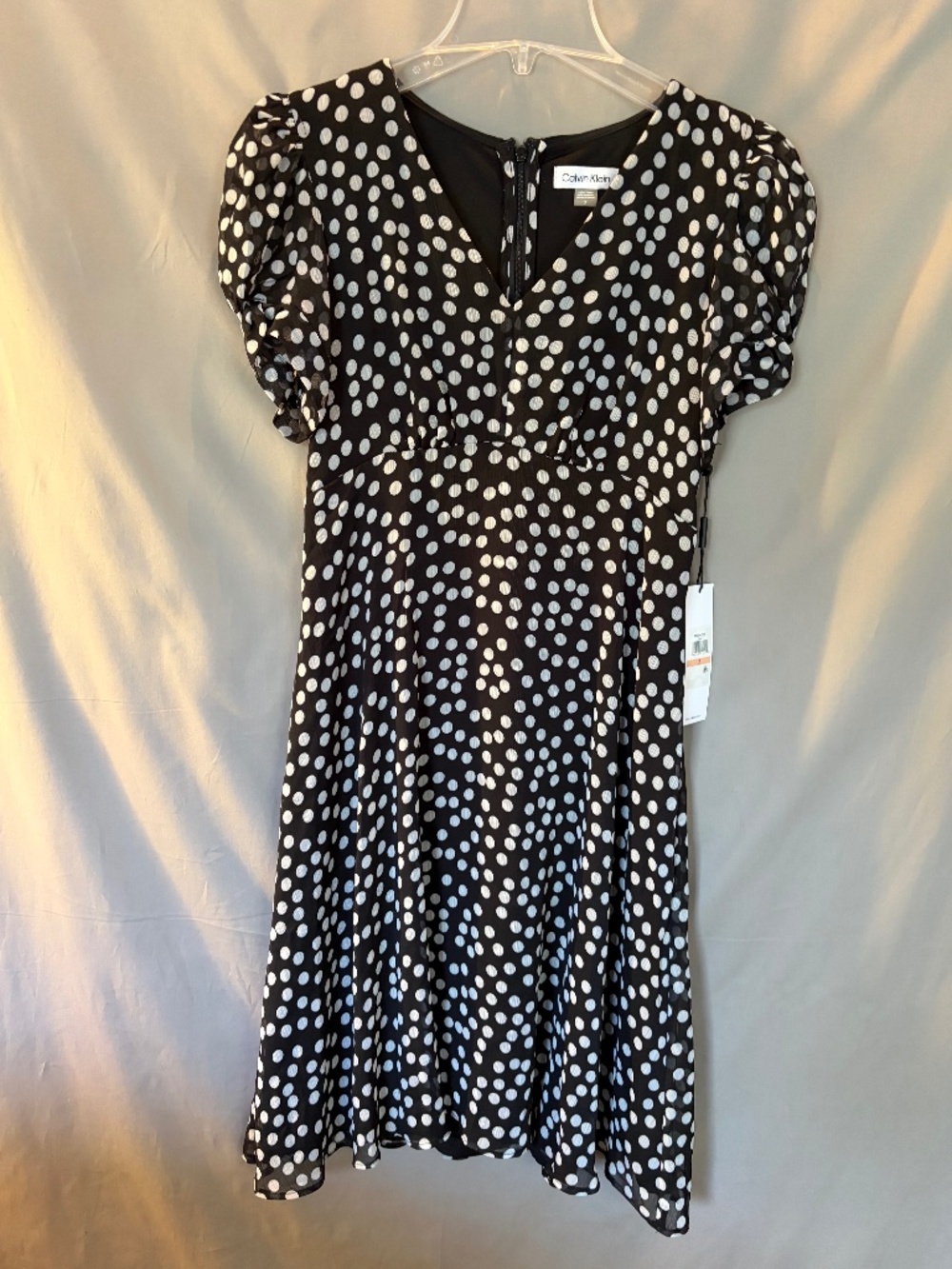 Calvin Klein Short Sleeve V-Neckline Dress, Black with White Dots - Size 2 (NWT)